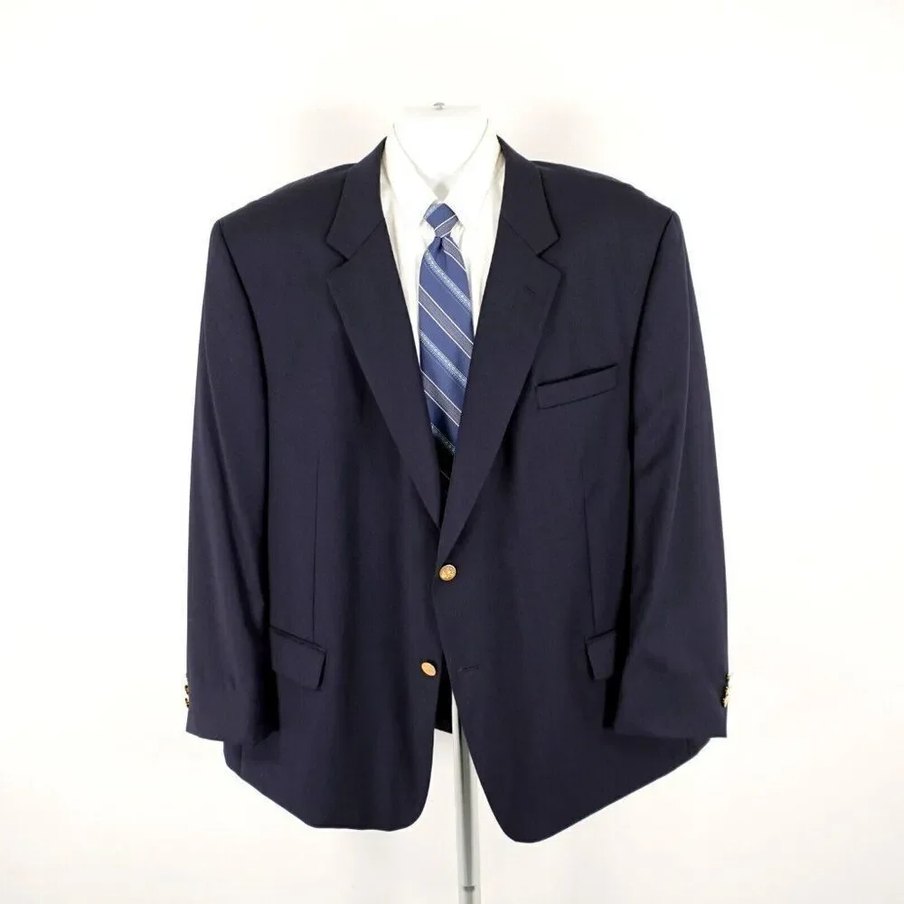 Jospeh & Feiss International Worsted Wool Blue 2 Gold Button Blazer 52R‎ Portly